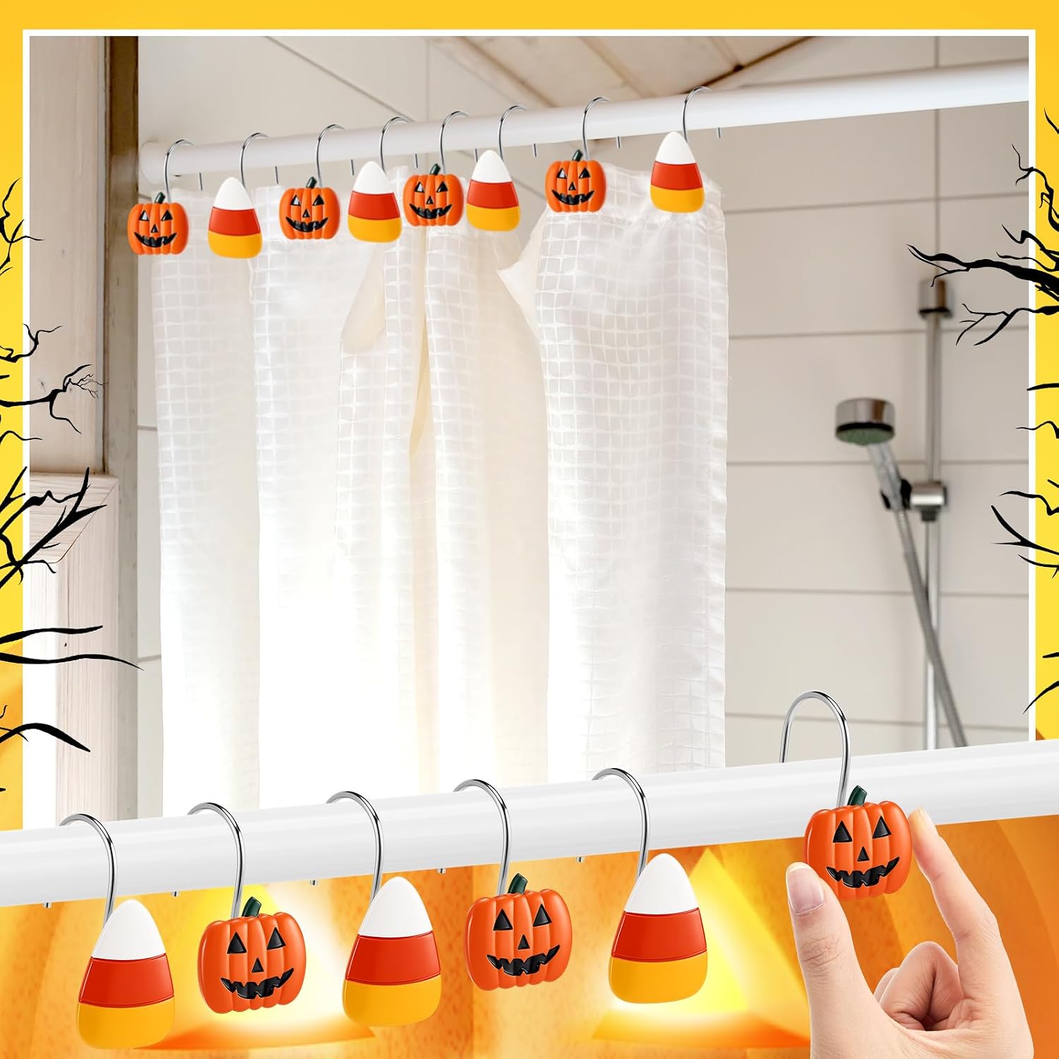 Yungyan 12 Pcs Halloween Shower Curtain Hooks, Pumpkin Orange Hangers image 4