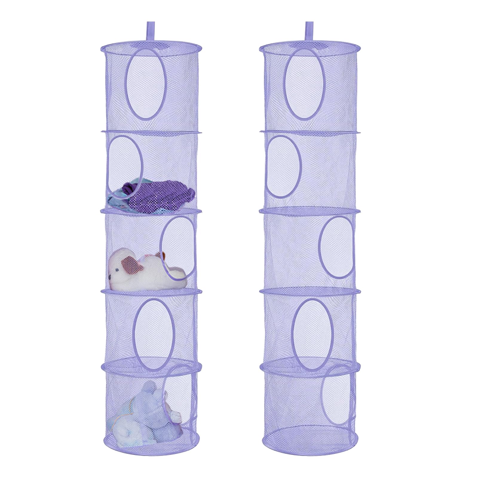 Hanging Mesh Storage Basket, 2 PCS Foldable Soft Toy Storage, 5 Tier Hanging Toy Storage Net, Teddy Storage Hanging Mesh, Polyester Hanging Mesh Storage Basket for Soft Toys Clothes Sundries(Purple)