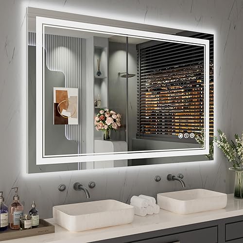 Miniatura 191 de Espejo de baño LED de 40 x 32 pulgadas, luz frontal y retroiluminada, antiniebla, regulable, espejo de tocador iluminado con memoria, espejo LED