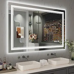 48x32 Inch LED Bathroom Mirror, Front Light and Backlit Anti-Fog Dimmable Memory Lighted Vanity Mirror, Shatterproof Wall-Mounted Led Mirror for Bathroom