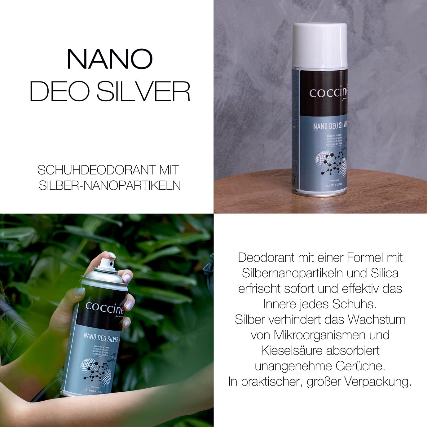Cocciné - Déodorant Universel pour Chaussures, Spray Nano Argent Anti-Odeurs, Déo Antibactérien pour Chaussures en Cuir, Empêche la Prolifération des Micro-Organismes et des Bactéries