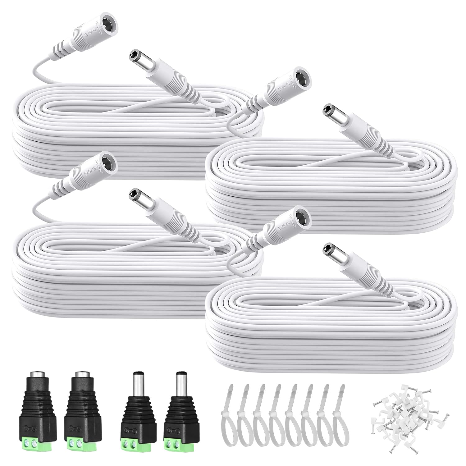 Lot de 4 rallonges d'alimentation CC de 10 m - 12 V CC - 5,5 mm x 2,1 mm - Avec connecteurs adaptateurs jack (2 mâles + 2 femelles) - Clips de câble - Attaches de câble pour caméra de sécurité/routeur