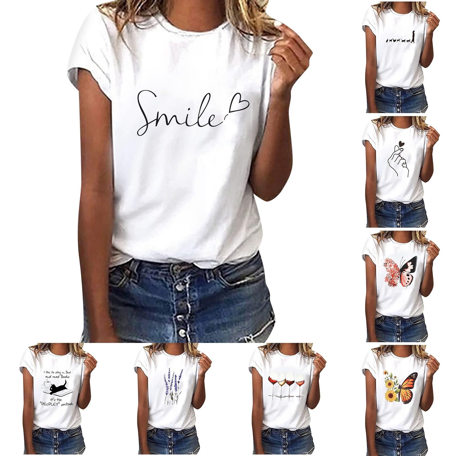 Tshirt Damen Sommer, Weiß Bedrucken T-Shirt - Rundhals Kurzarm Oberteile Baumwolle Casual Tee Shirts Teenager Mädchen Tunika Bluse Bunte Drucken Tops Sportshirt