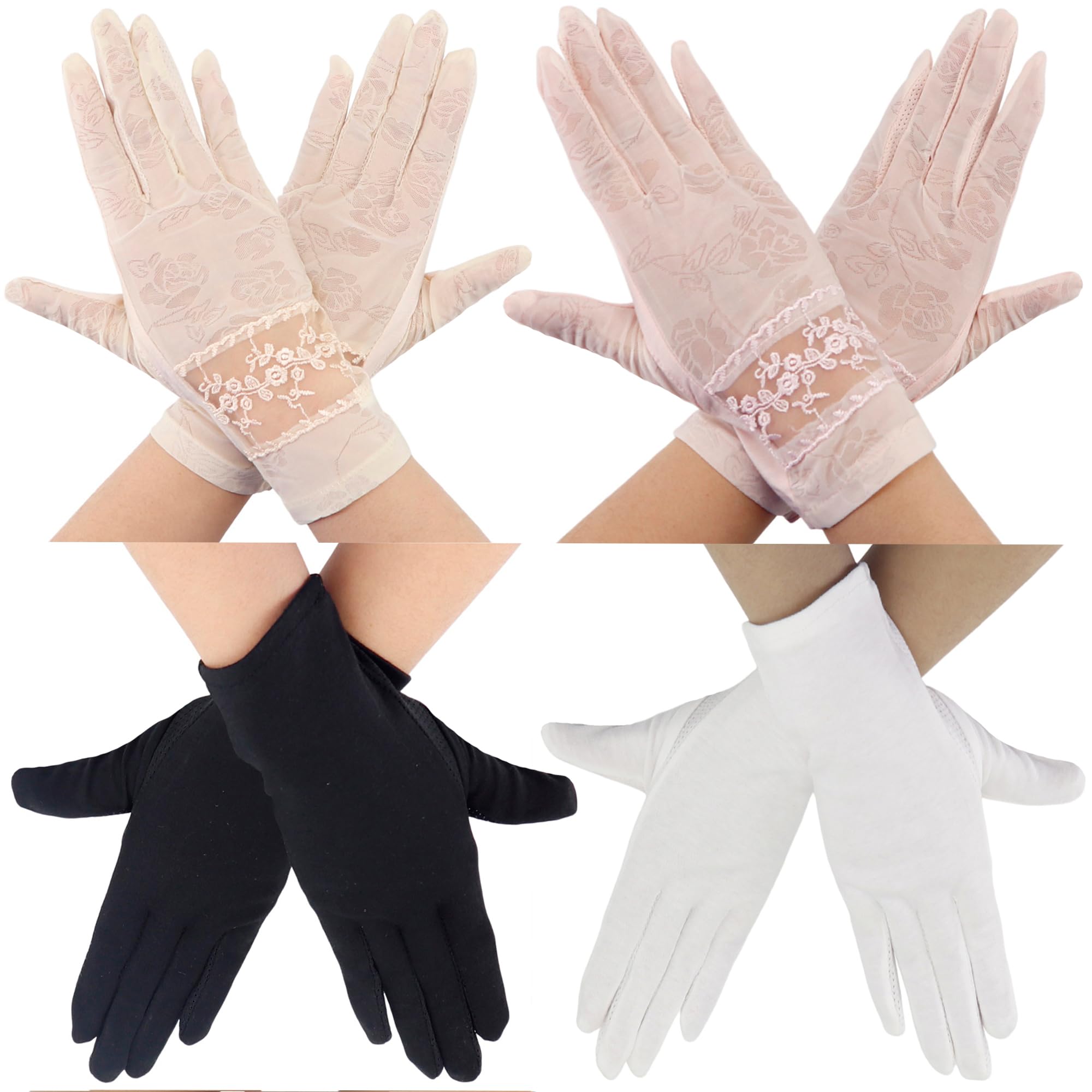 Coolwife Lace Gloves 4 Pairs Women Floral Ladies Bridal Tea Party Vintage Cosplay Fancy Dress Wedding Gloves (Black White Beige Pink)
