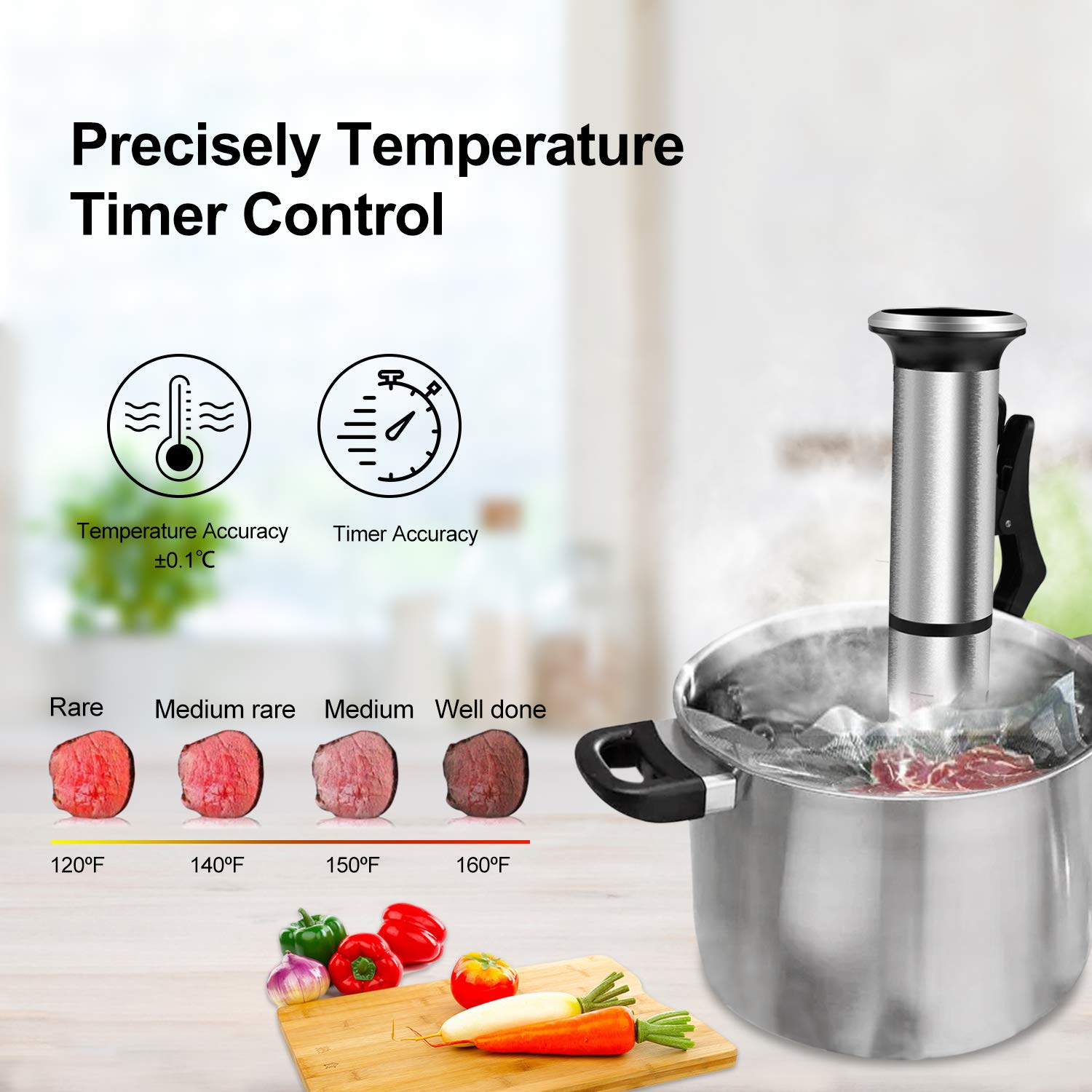 Cocina Sous Vide 1200W, IPX7 impermeable, pantalla táctil LED, control preciso de temperatura para una cocción perfecta, fácil de usar, diseño de acero inoxidable
