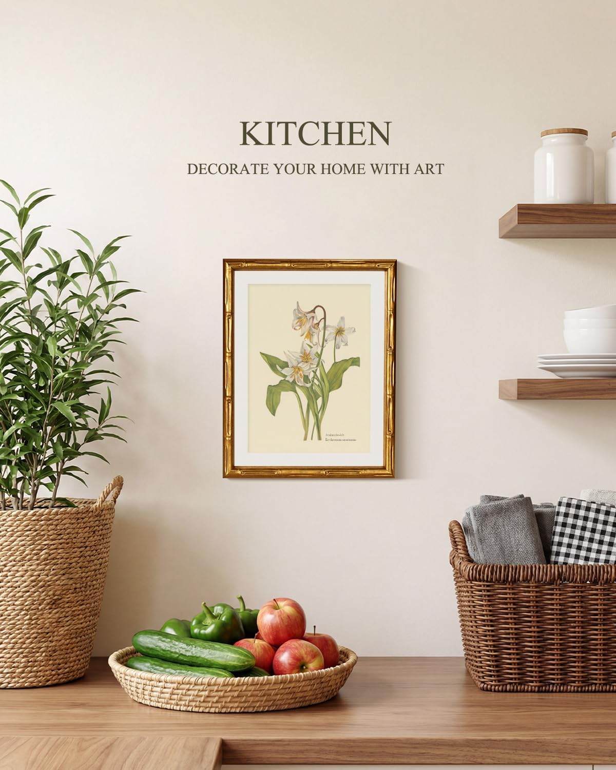 VIYYIEA Gold Framed Bamboo Wall Art, Vintage Avalanche Lily Botanical Prints, Flowers Pictures Wall Decor, Antique Plant Artwork with Mat, Vintage Home Decor for Living Room 14L x 11W