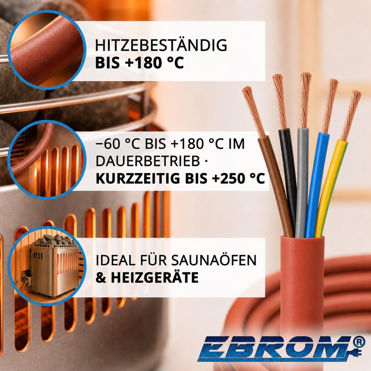 Towar sprzedawany na metry kabel silikonowy kabel zasilający do sauny SIHF z dokładnością do metra! SIHF-J 5 x 4 mm² (5G4 mm2) 100% miedź OFC ocynkowana wybór w odstępach 1 metra