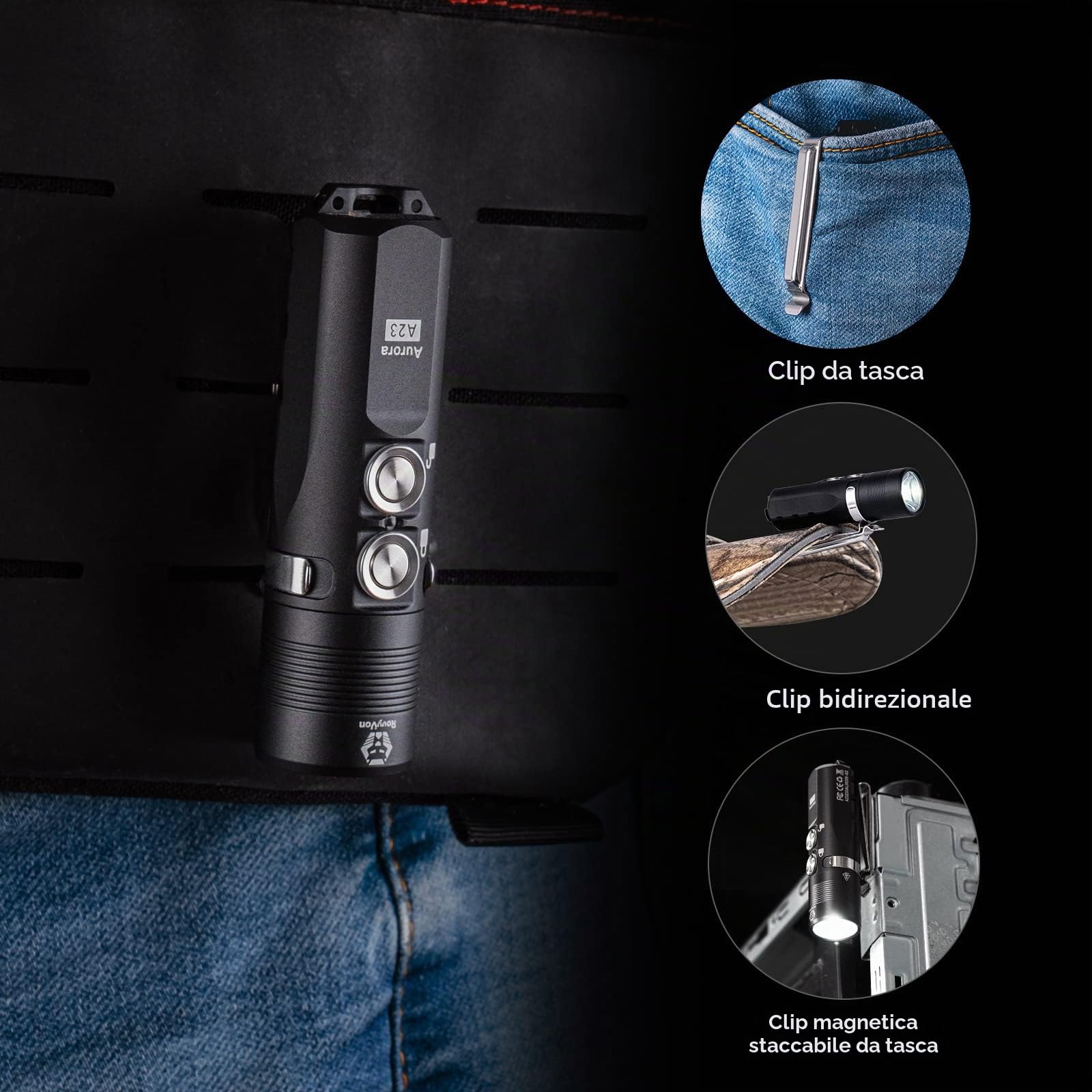 RovyVon Aurora A23 - Portachiavi piccolo torcia elettrica 1000 lumen super luminoso con clip magnetica tascabile ricaricabile USB-C, impermeabile IPX8 in metallo, strumento di emergenza EDC (nero)