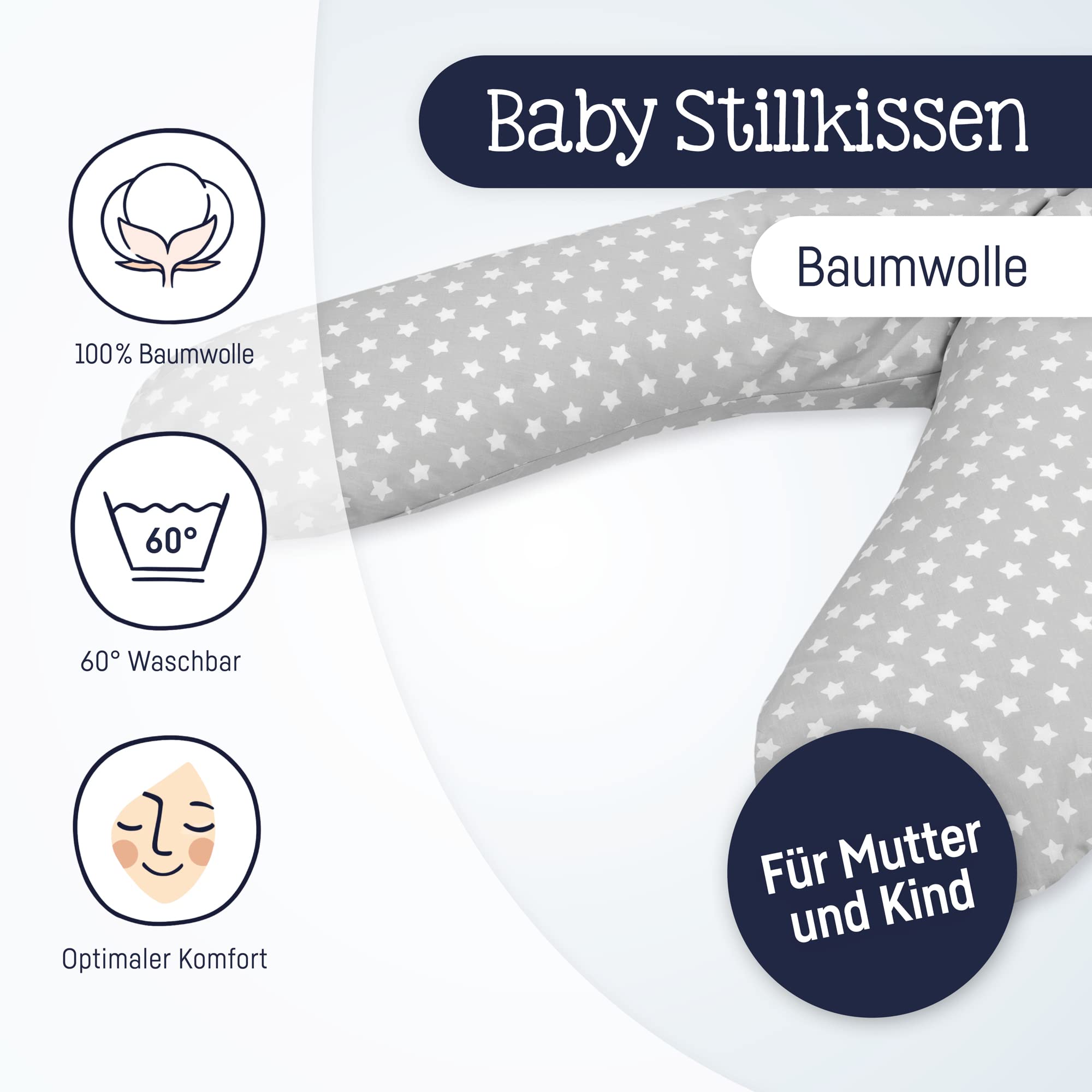 Julius Zöllner Klasyczna poduszka do karmienia ok. 190 cm | wypełnienie 42 litrowe mikrokulki EPS | Made in Germany | poszewka ze 100% bawełny | certyfikat Öko-Tex® Standard 100 | gwiazdy szare