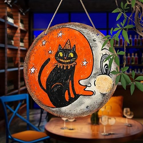 Miniatura 4 de Decoración de Halloween con diseño de gato y luna, decoración de madera para colgar en la pared, letrero de bienvenida de madera, suministros para