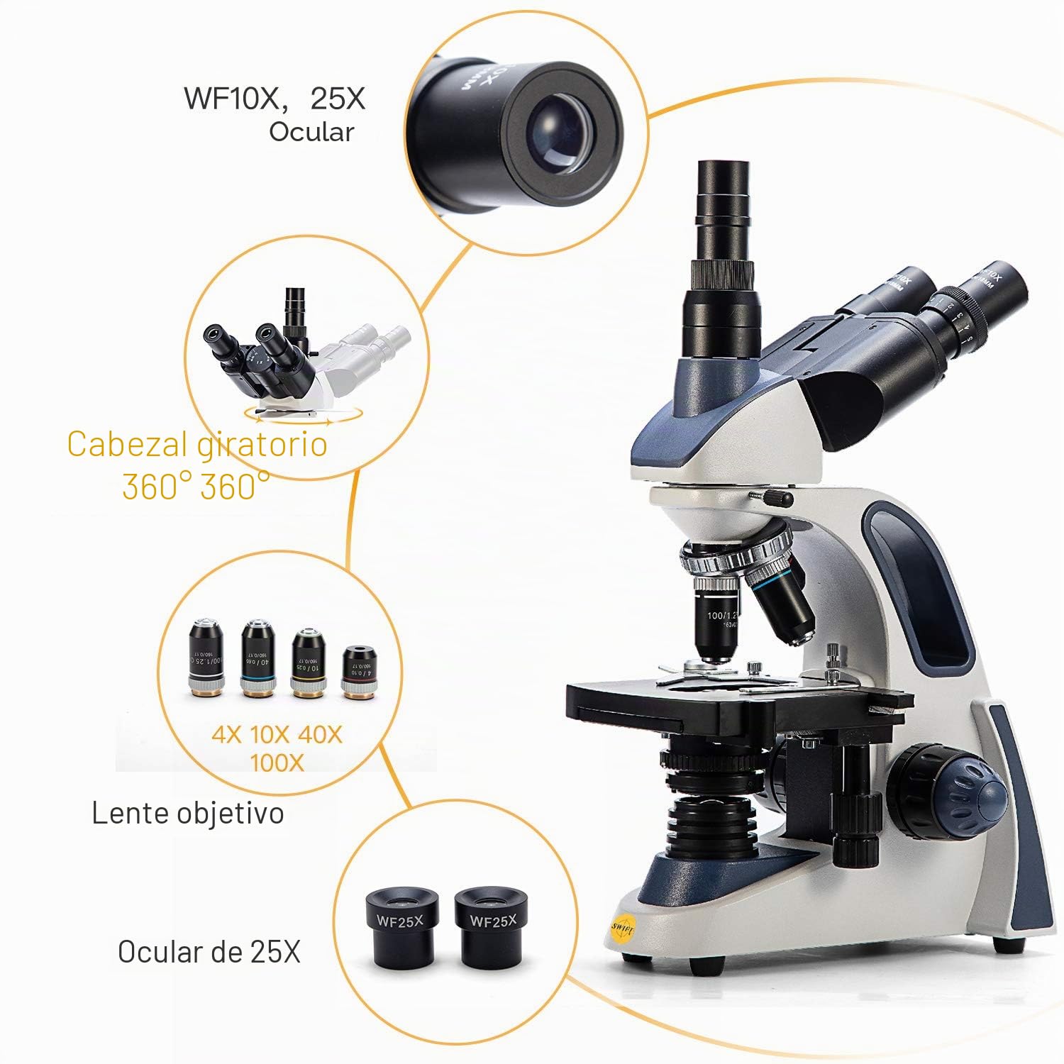 Swift Microscopio trinocular compuesto SW380T, aumento 40X-2500X, etapa mecánica de dos capas, con cámara de 5.0 MP y software compatible con Windows/Mac y 100 diapositivas en blanco