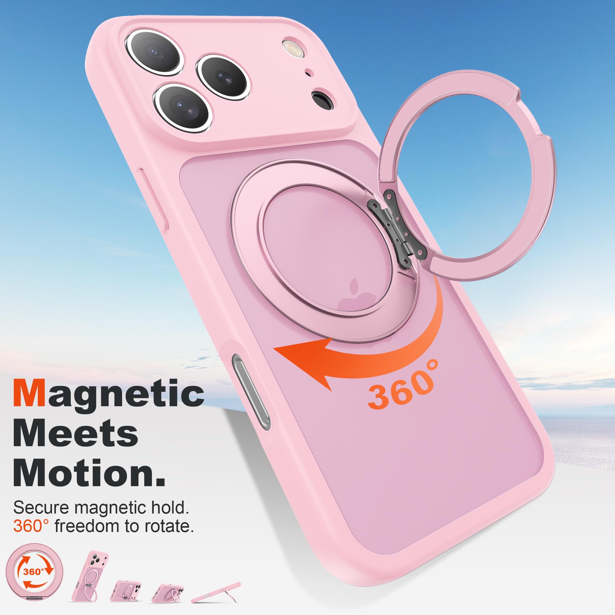Custodia magnetica per iPhone 17 Pro 16 cm, rosa | Supporto magnetico ad anello, compatibile con Mag-Safe, protezione di grado militare, custodia sottile traslucida opaca per