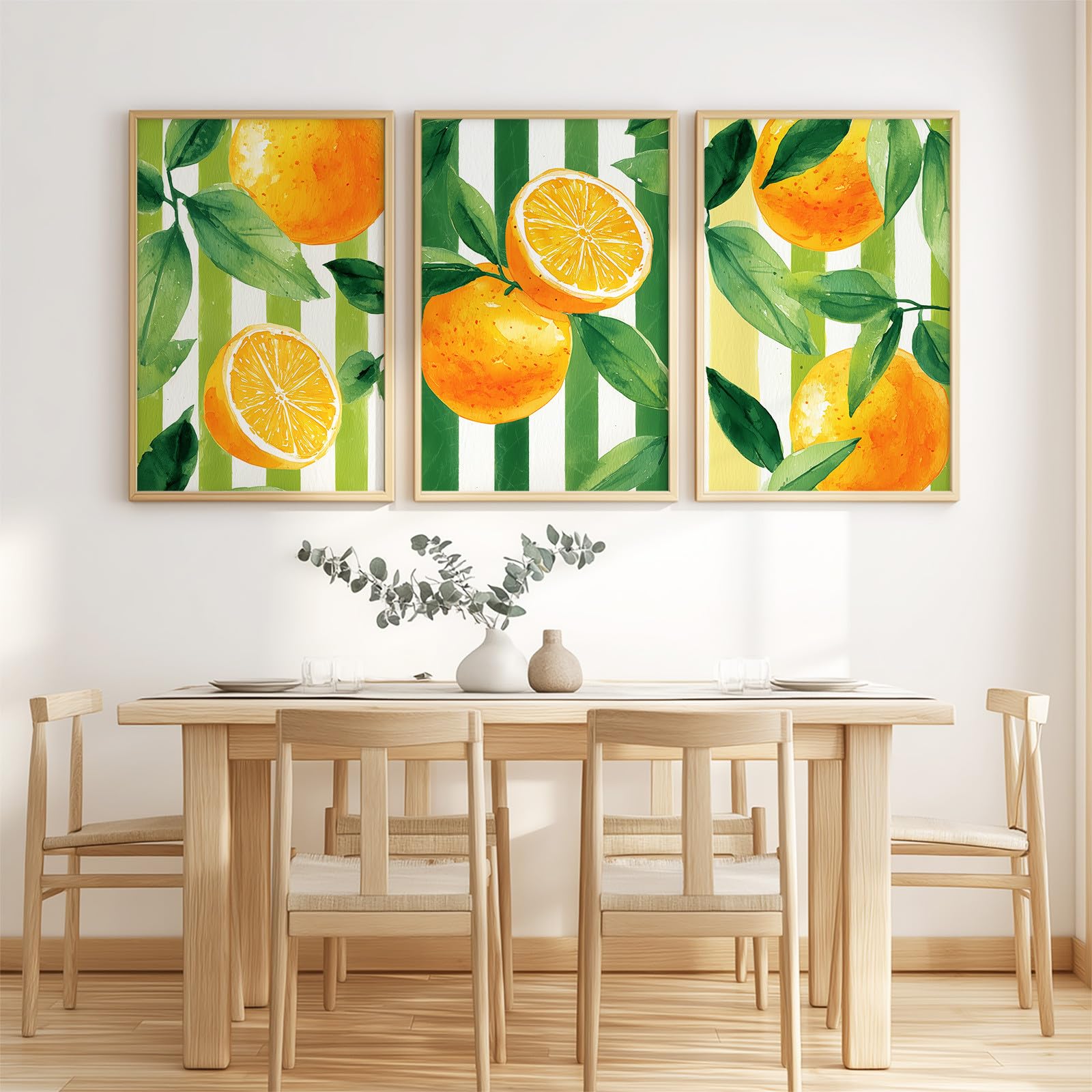 3-teiliges Wandbild Leinwand Set 50 x 70 cm, Ohne Rahmen Triptychon Ästhetische Kunstdrucke Frucht Streifen für Wohnzimmer & Schlafzimmer, Mediterran Orange Zitrus Sommer Hell Frisch