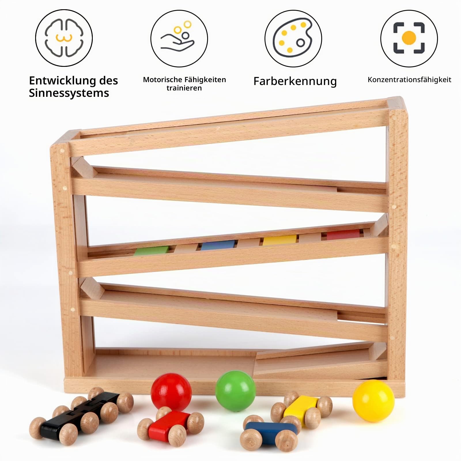 Jacootoys Holz-Rennbahn, Autorennbahn-Spielzeug, 5Ebenen mit 4Autos 3Bällen