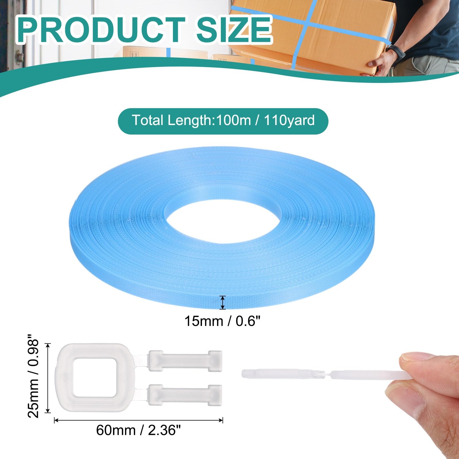PATIKIL Kit De Bande D'Emballage En Plastique De 110 Verges, 2 Rouleaux De Bande D'Emballage Avec 100 Boucles Transparentes Outil De Bande Universel Pour Boîtes En Carton Articles En Bois,