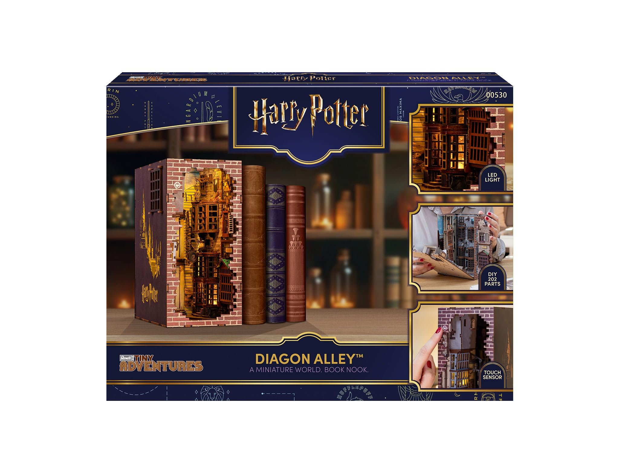 Revell Modellbausatz Tiny Adventures I Diagon Alley Harry Potter I 3D Miniaturhaus I Book Nook Holz Buchstütze I Geburtsagsgeschenk für Fans I Buchstütze Harry Potter