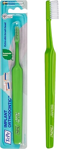 TePe Cepillo de dientes suave de ortodoncia para implantes – Cabeza de cepillo extra estrecha cuello delgado 1Pk