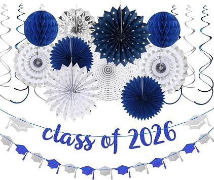 Navy-Blue Silver Party-Decorations Graduation Banner-Streamers - 18pcs Kits Class of 2026 Garland, Paper Tissue Pom Poms Fan, Honeycomb Lanterns Congrate Grad Congratulations Decor Panduola