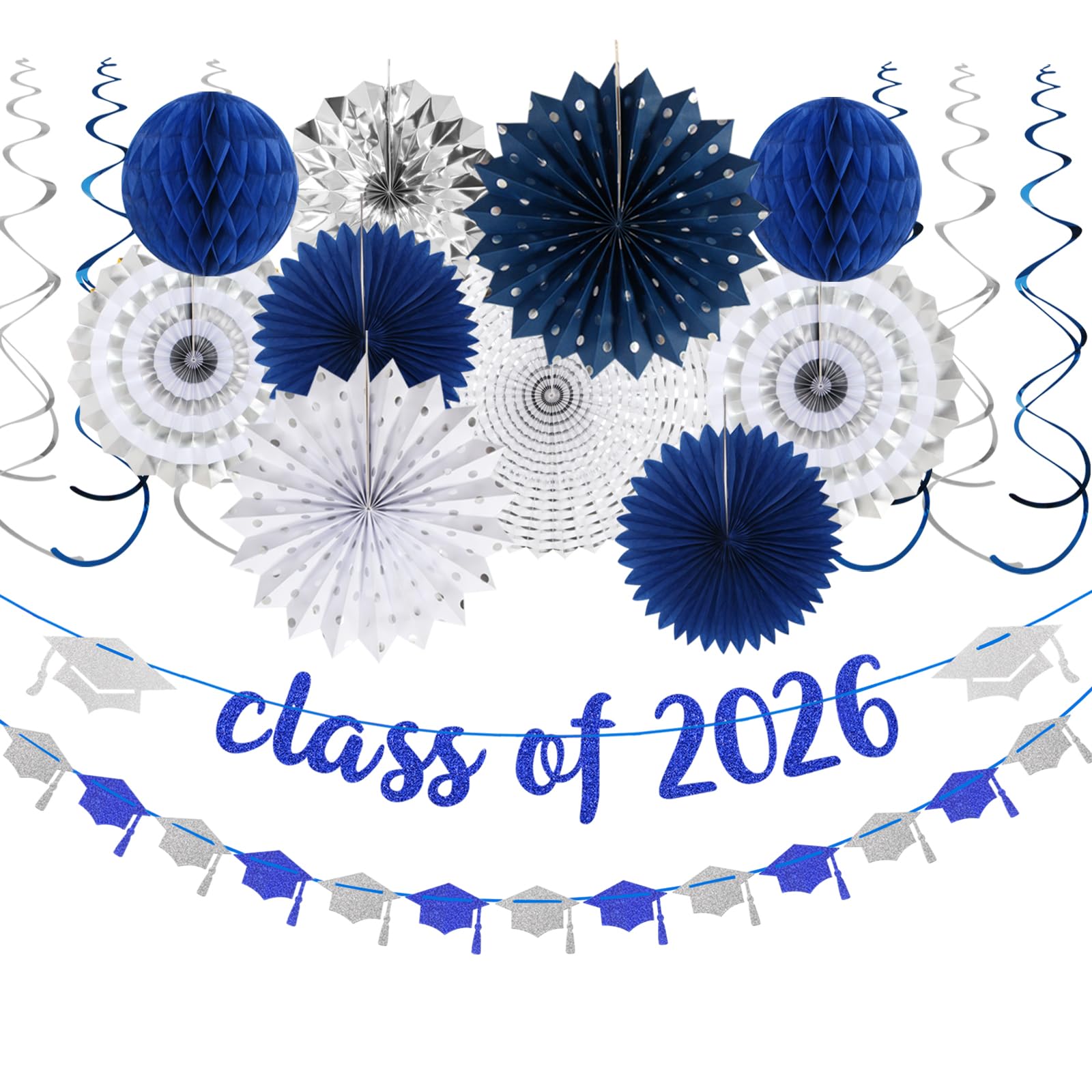 Navy-Blue Silver Party-Decorations Graduation Banner-Streamers - 18pcs Kits Class of 2026 Garland, Paper Tissue Pom Poms Fan, Honeycomb Lanterns Congrate Grad Congratulations Decor Panduola