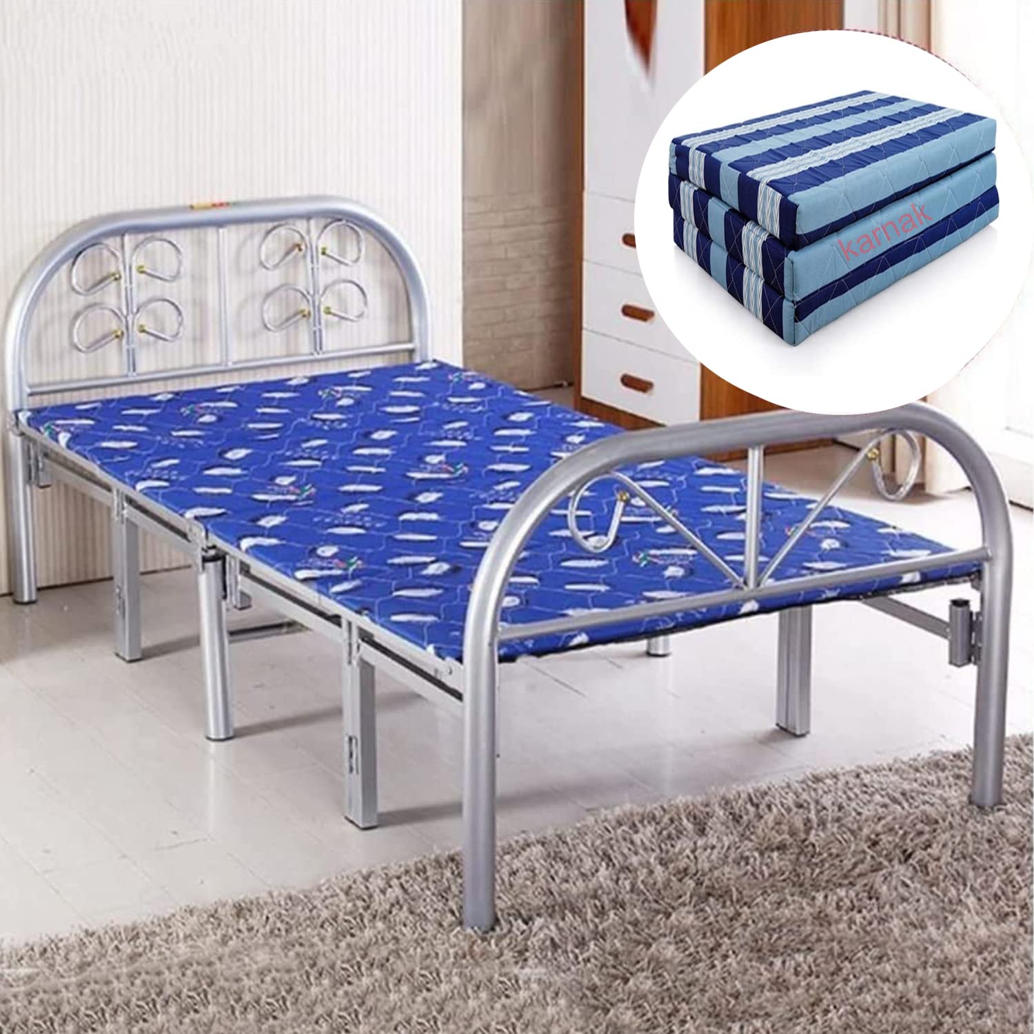 Karnak Folding Bed with Foam Folding Mattress Portable Single Folding Mattress Size 180x90 CM, Steel Frame Size 90x190 Centimeters Model – KFB896