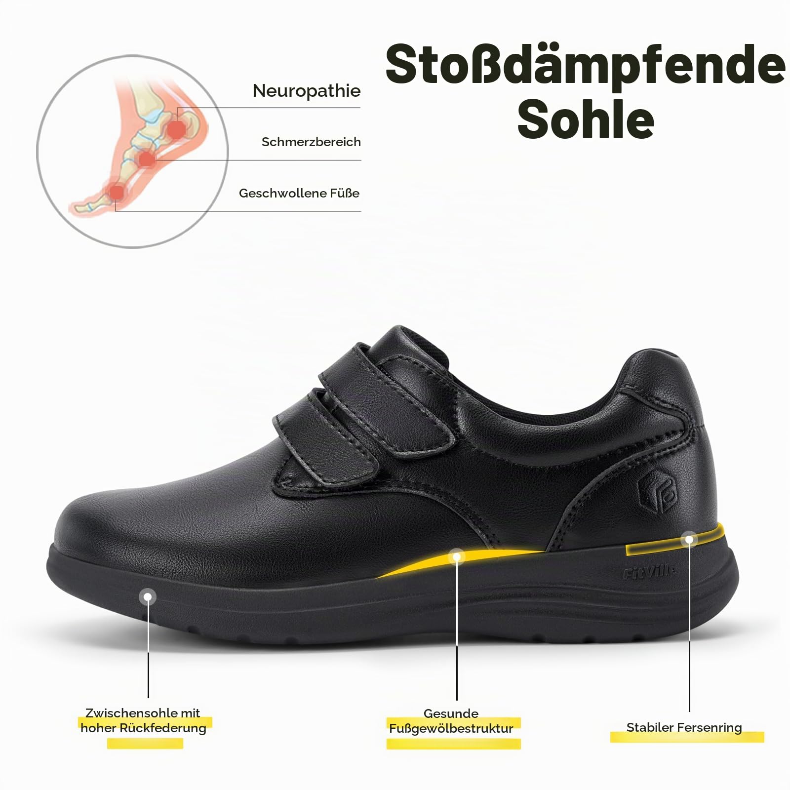 FitVille Diabetiker Schuhe Damen Extra Weit Leder Schuhe Hausschuhen Orthopädische Schuhe mit Klettverschluss Verstellbare Gesundheitsschuhe Bequemer Elegant Walkingschuhe für Geschwollene Füße