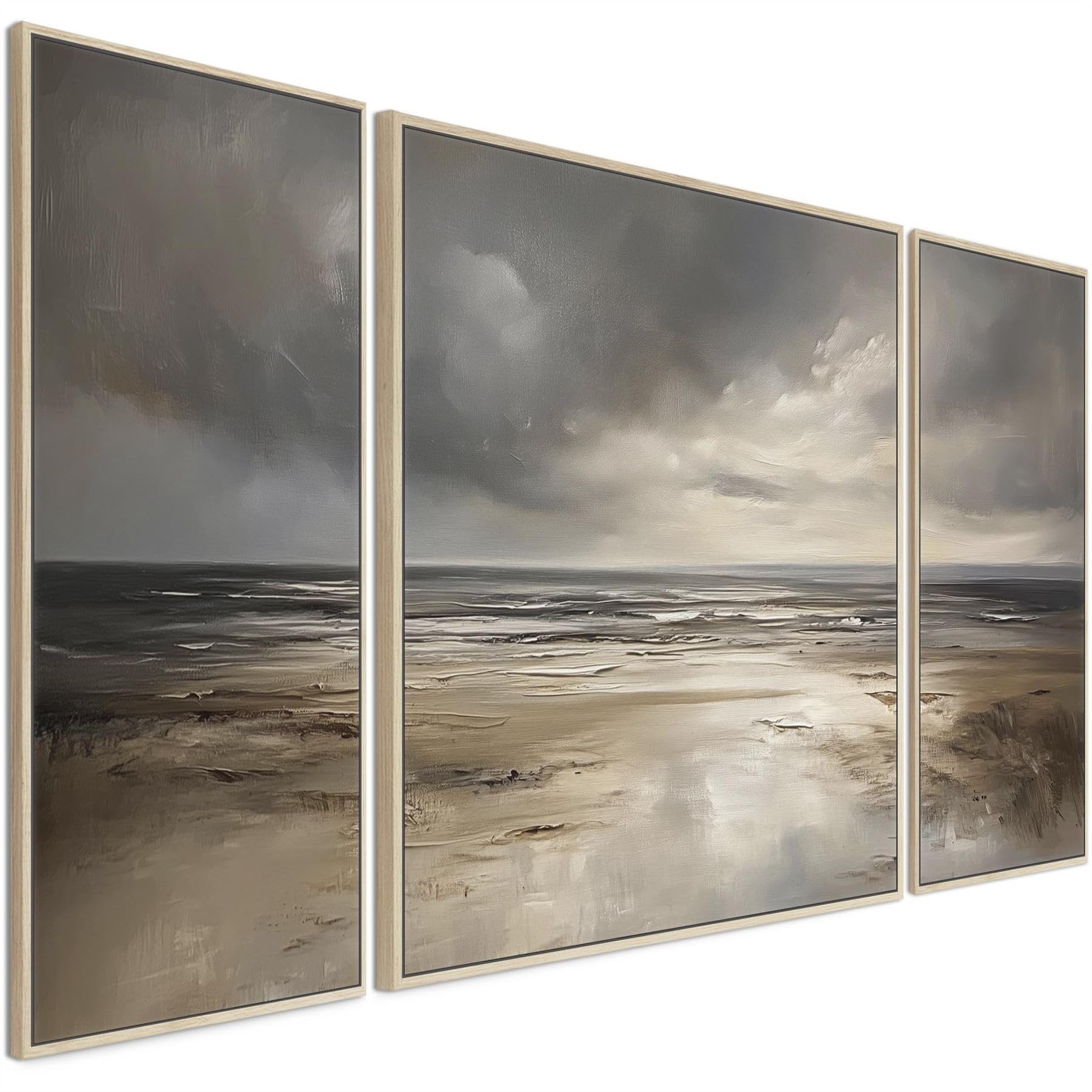 Wallfillers Extra Large Grey Neutral Set of 3 Framed Canvas Abstract - Dream Horizon (212cm x 99.5cm)