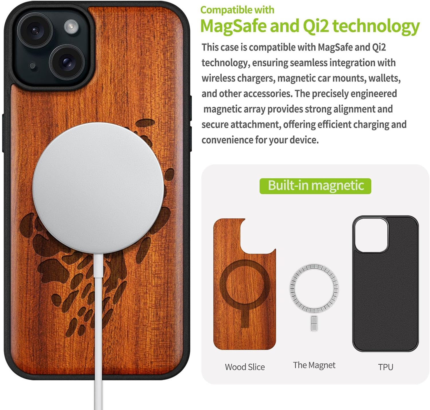 Carveit Magnetic Wooden Case for iPhone 15 Plus Case, Compatible with MagSafe Wireless Chargers, Black Soft TPU Shockproof Cover & Wood Artisan Engraved (The Eye of Untamed Strength) - Rosy