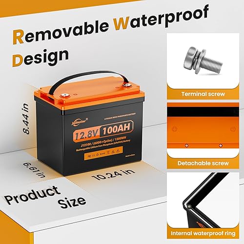 Miniatura 2 de Batería LiFePO4 de litio premium de 12 V 100 Ah de vida útil de 10 años, 8000-15000 ciclos profundos, carga rápida, BMS integrado de 100 A, perfecta