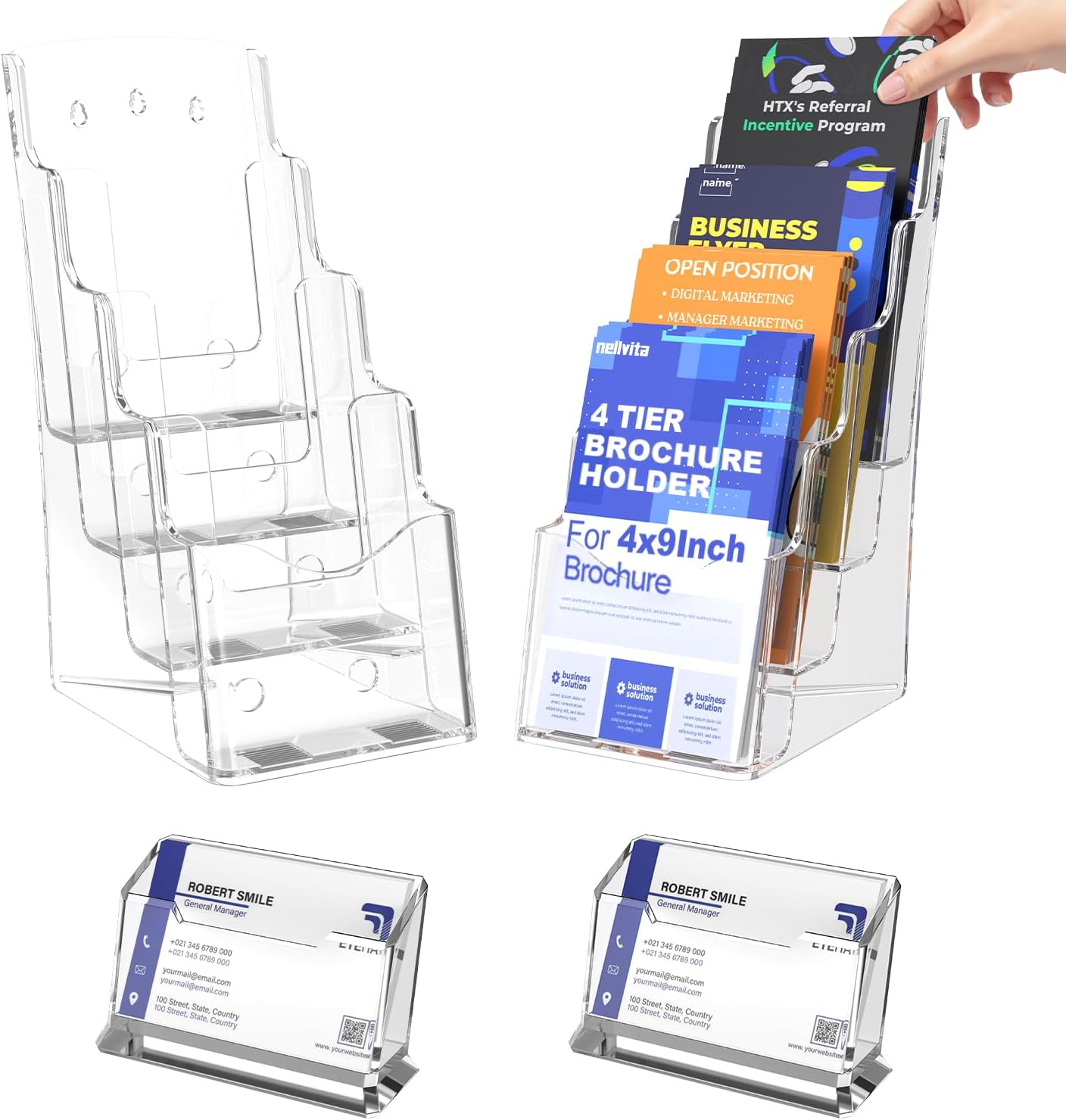 2 soportes acrílicos para folletos, soporte para folletos de 4 x 9 pulgadas, soporte para folletos transparente de 4 niveles, soporte organizador de