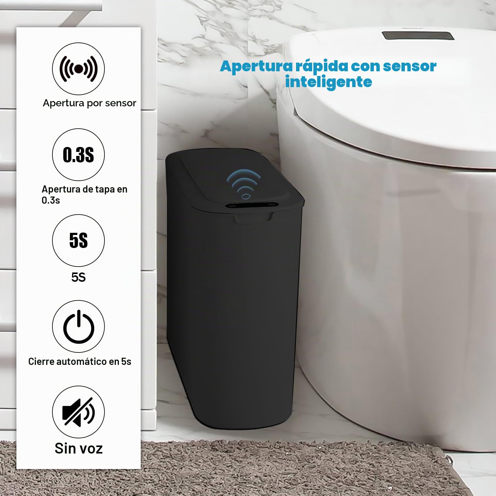 Papelera Baño Automática Con Sensor 25L, Cubo Basura Sin Contacto Negro | Cubo De Basura Con Tapa Automática, Resistente Al Agua Para Cocina, Oficina, Dormitorio Y Baño Diseño Moderno
