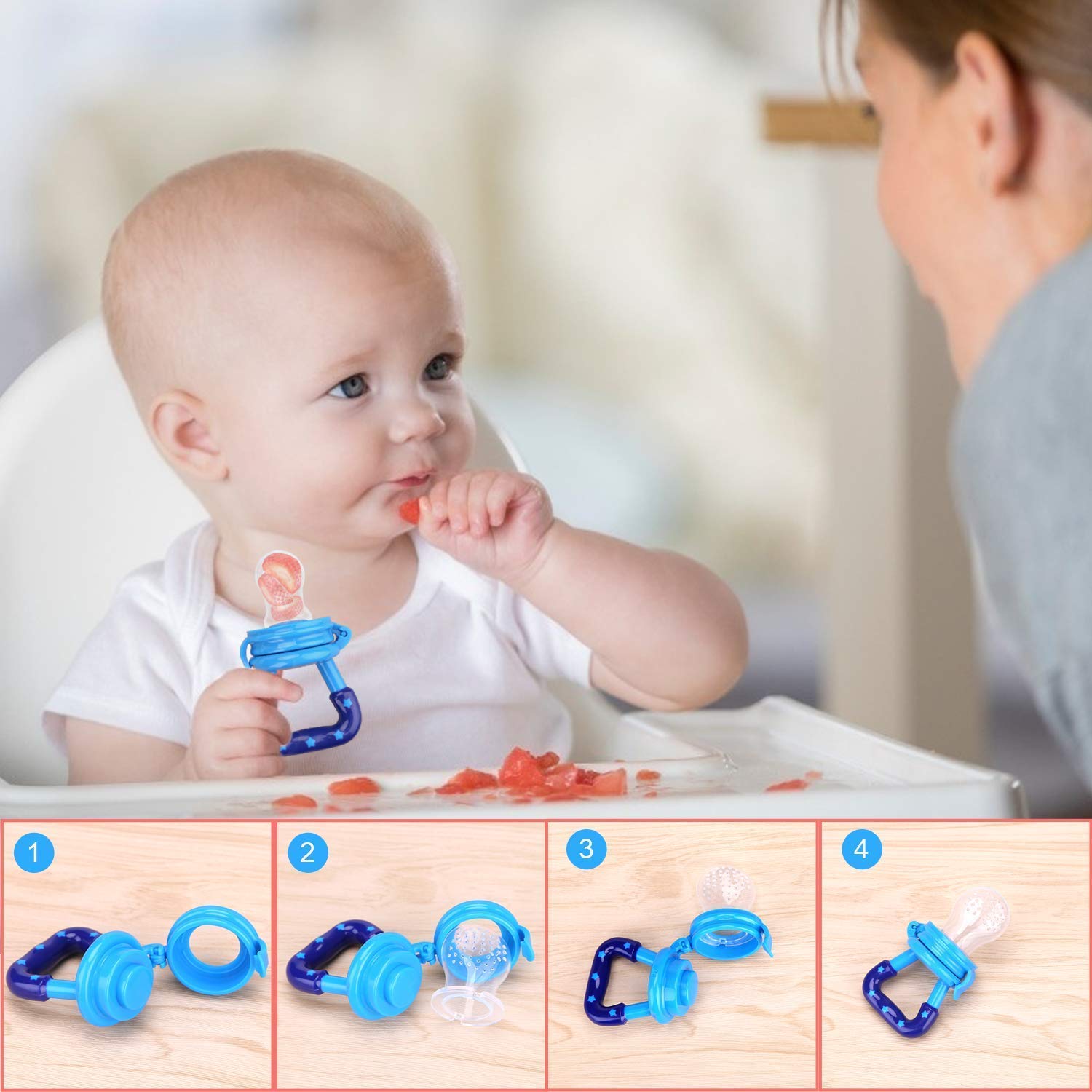 GRAYSEE Baby Safe Silicone Squeeze Fresh Food Feeder Bottle with Food Dispensing Spoon, Infant Food Nibbler Teething Toy Feeding Pacifier, CMB01 Pack of 2 (Blue) - Image 7 thumbnail