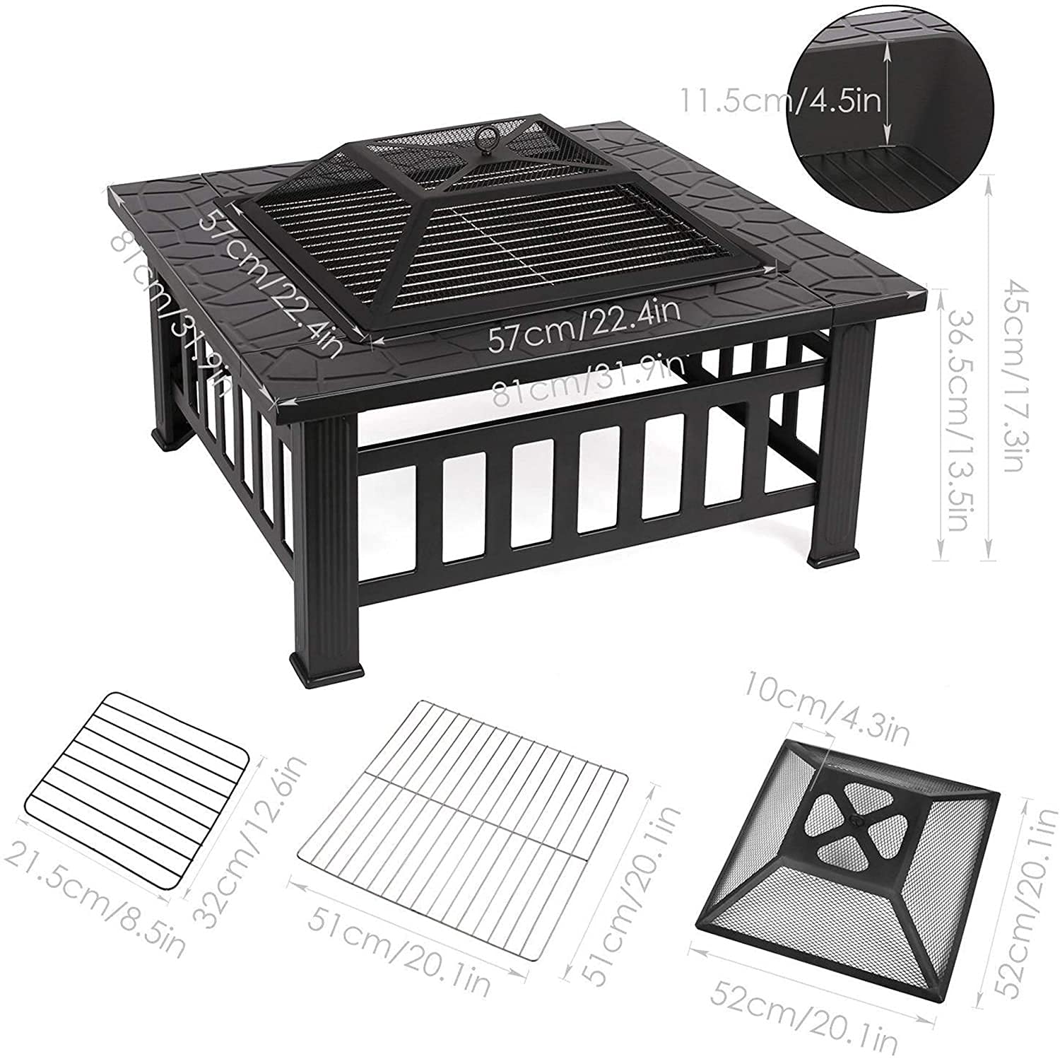 Gran Hoguera 3 En 1 Mesa de Brasero de Metal Al Aire Libre, Calentador de Parrilla de Madera Cuadrado Adecuado para Playa, Parque, Camping, Jardín, Patio