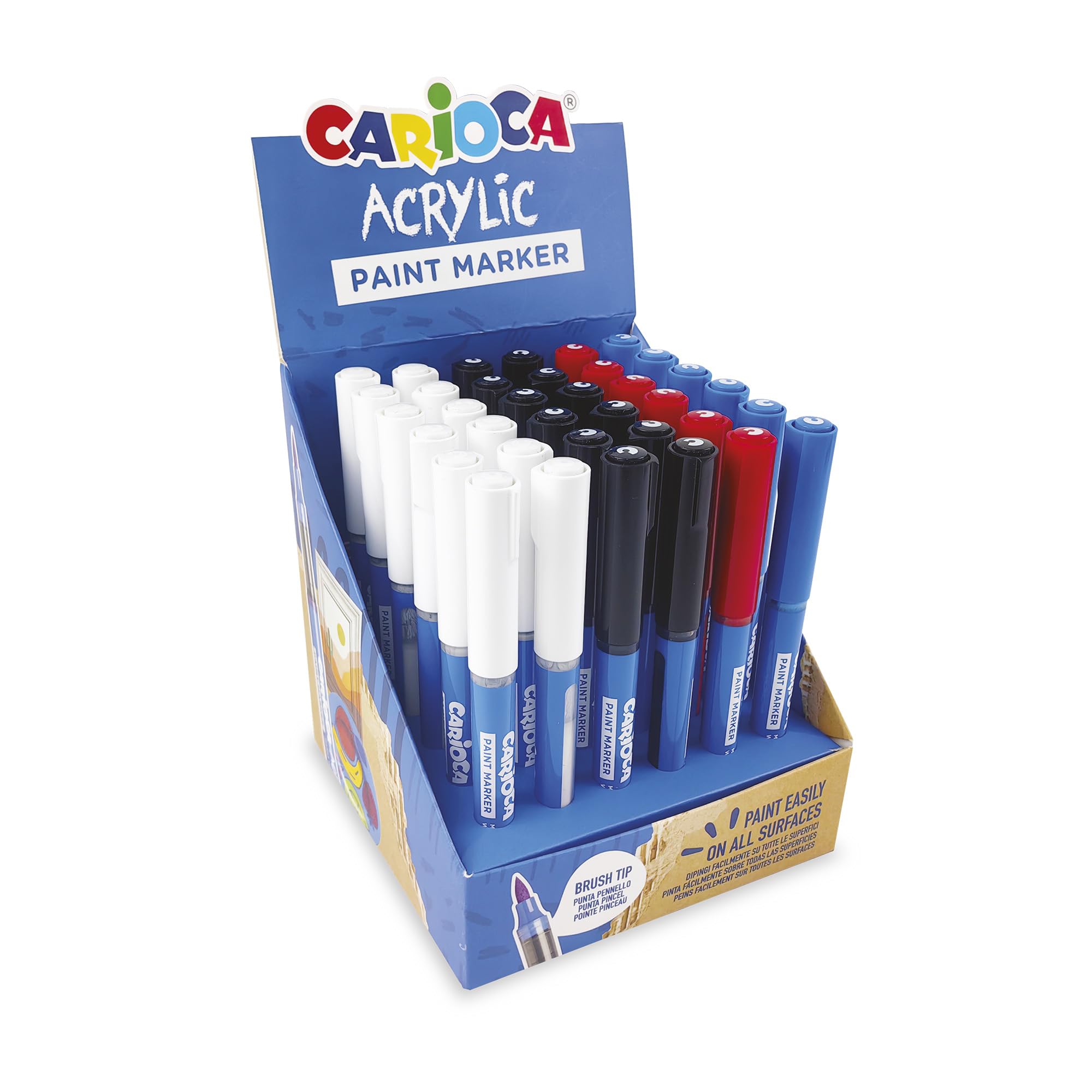 CARIOCA Pennarello acrilico | Display di 36 pennarelli permanenti | punta pennello | adatto a tutte le superfici e alta opacità | base d'acqua | 4 colori