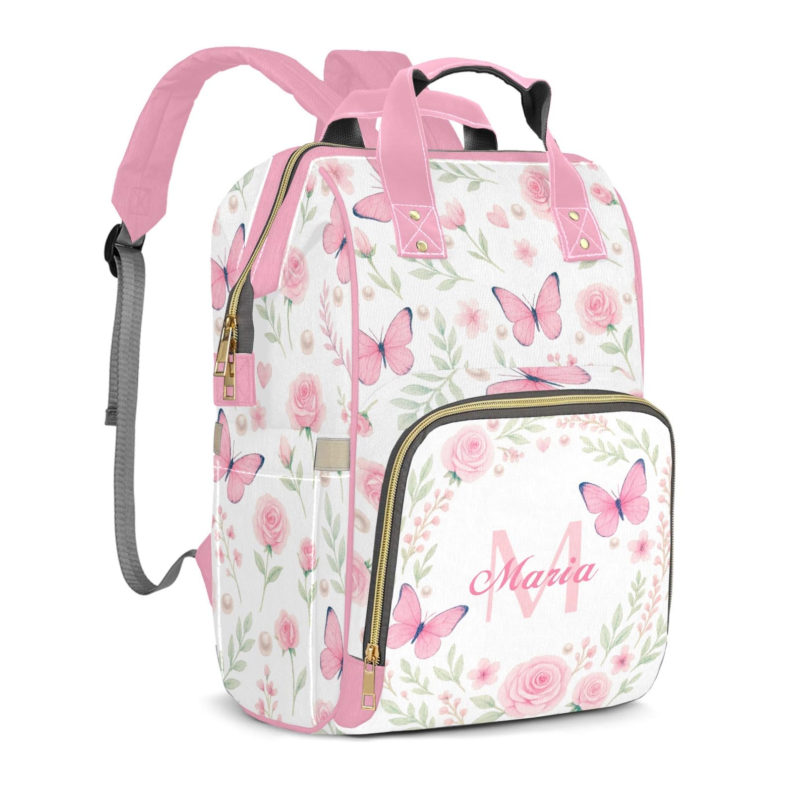 Personalized Diaper Bag Backpack for Mom Large Waterproof Custom Baby Bag for Girls with Name Cute Butterfly Floral Print Daypack Multifunctional Customized Nappy Bag with Thermal Pockets