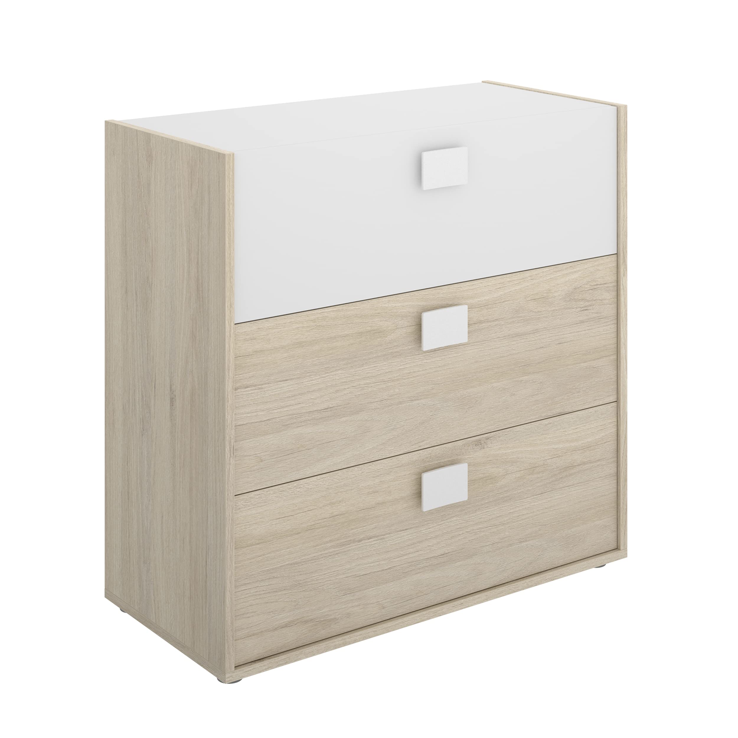 Cómoda juvenil de tres cajones estilo nórdico bicolor blanco natural modelo Dina
