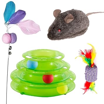 Emily Pets Cat Toy, 3 Level Tower Ball & Track Roller Combo with Cat Sticks,Cat Feather Toy and Plush Mouse Toy Interactive Cat Toy,(Pack of 4,Color May Vary)