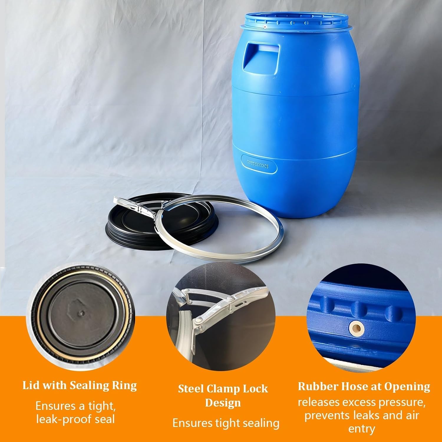 Barile in plastica per la conservazione dellacqua con Coperchio, Fusto Blu Aperto con Coperchio e Anello di Chiusura, Grande barile in plastica, per Uso Alimentare e Adatto al Trasporto (100L)