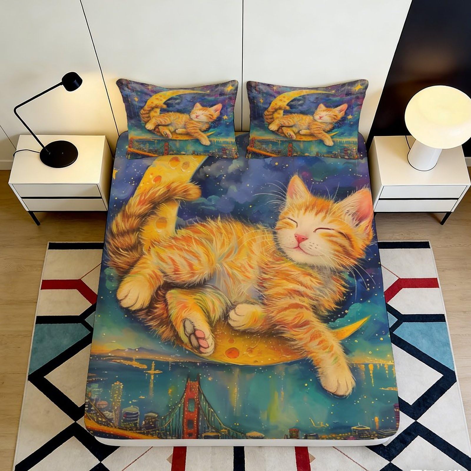 3D Printed Orange Cat Fitted Sheet Microfiber Soft Breathable Starry Night Bed Cover for Bedroom Dormitory Guest Room Mattress Protection Decor 120x200x25cm