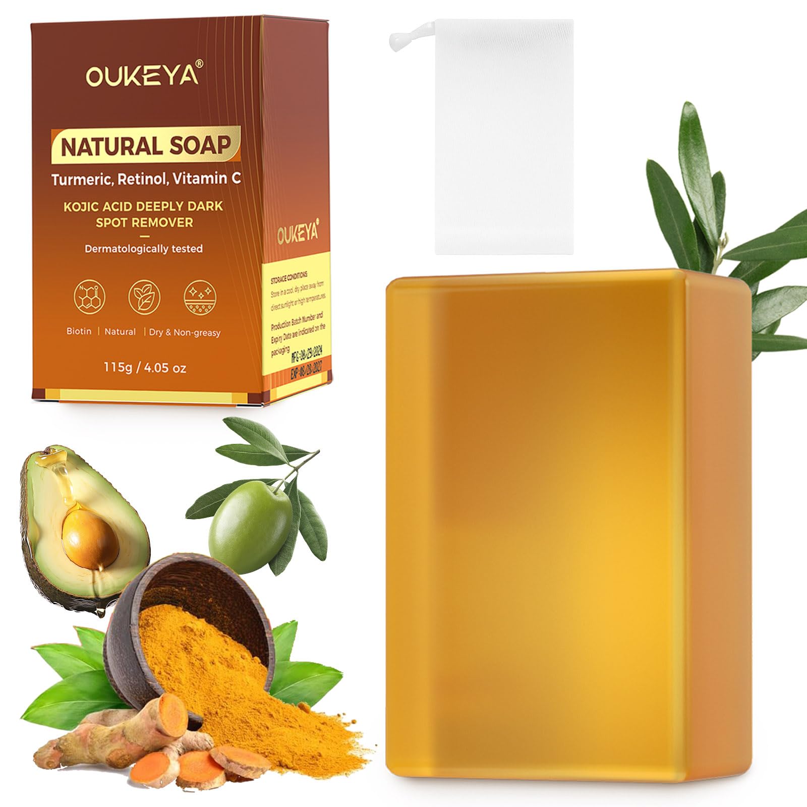 OUKEYA Kurkuma Seife, Natürliche Turmeric Kojic Acid Soap mit Avocadoöl, Olivenöl, VC, Natriumhyaluronat, Retinol, Aufhellend, Feuchtigkeitsspendend, Anti-Aging, Gegen Dunkle Flecken & Akne, 115g