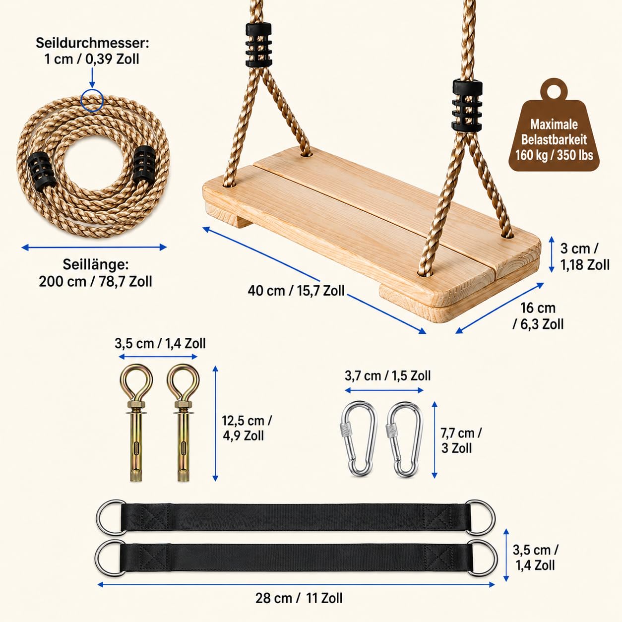 Holz Schaukel Outdoor/Indoor | Stabile Familienecke bis 160kg mit verstellbaren Seilen | Sicherer Schaukelsitz für Kinder & Erwachsene (40x16x3cm) | Für Garten, Terrasse, Balkon