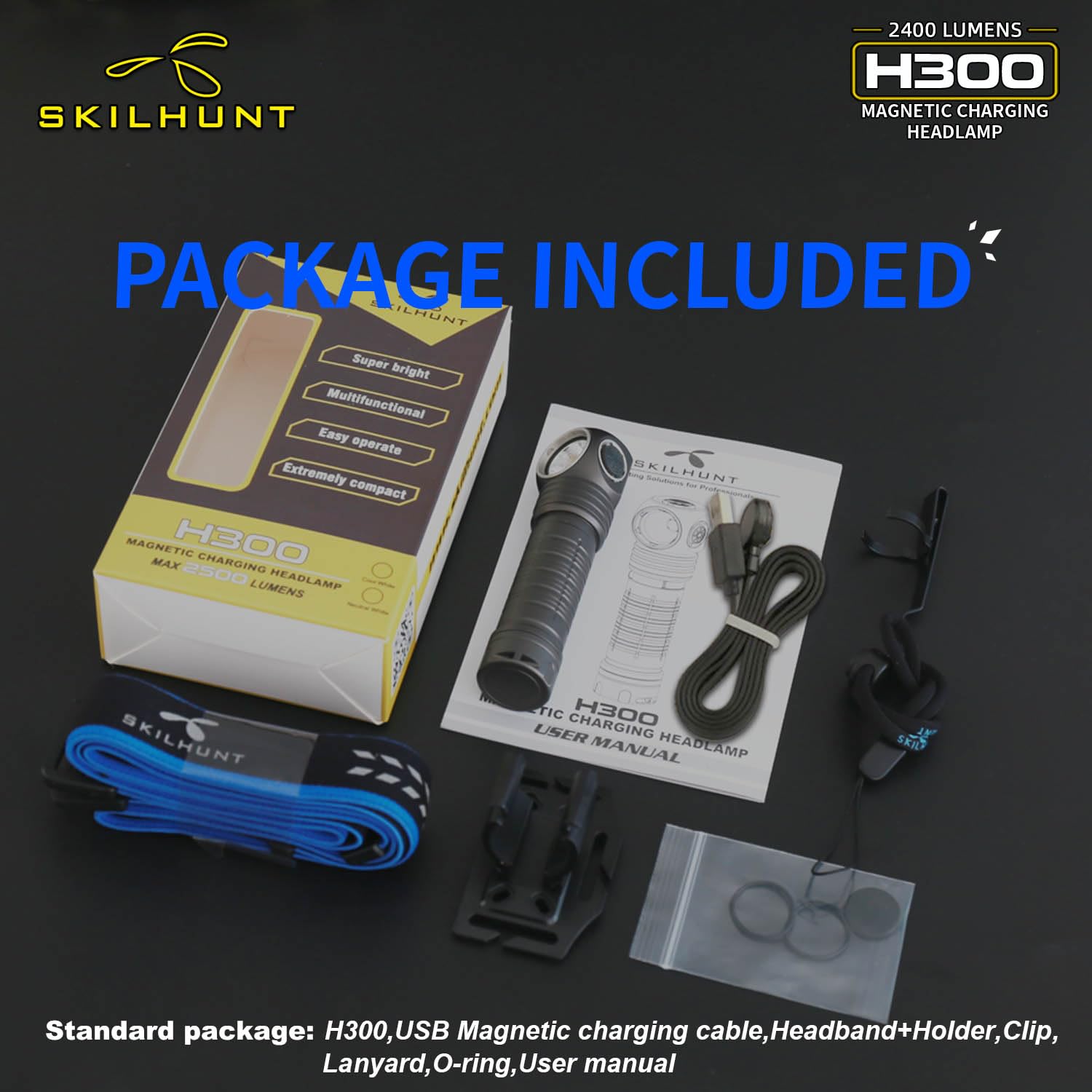 SKILHUNT H300 Lampe frontale magnétique rechargeable par USB pour course à pied, camping, randonnée, spéléologie, mains libres, lampe de poche étanche (gris, H300R XHP50.3 HI)