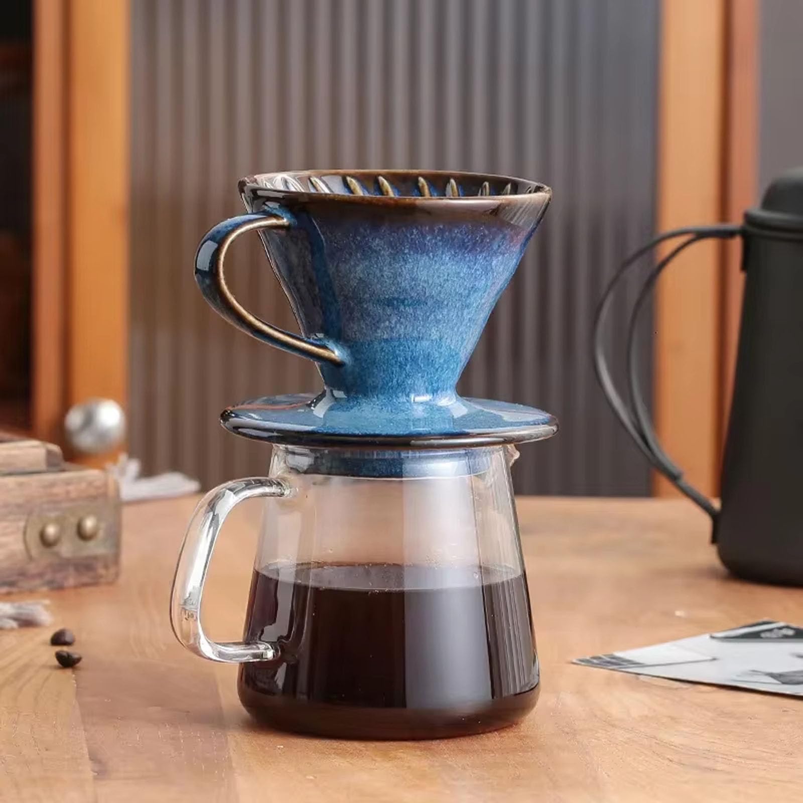 MURYE Filtro de café de cerámica esmaltada azul, resistente, hecho a mano, para verter sobre gotero de cerámica