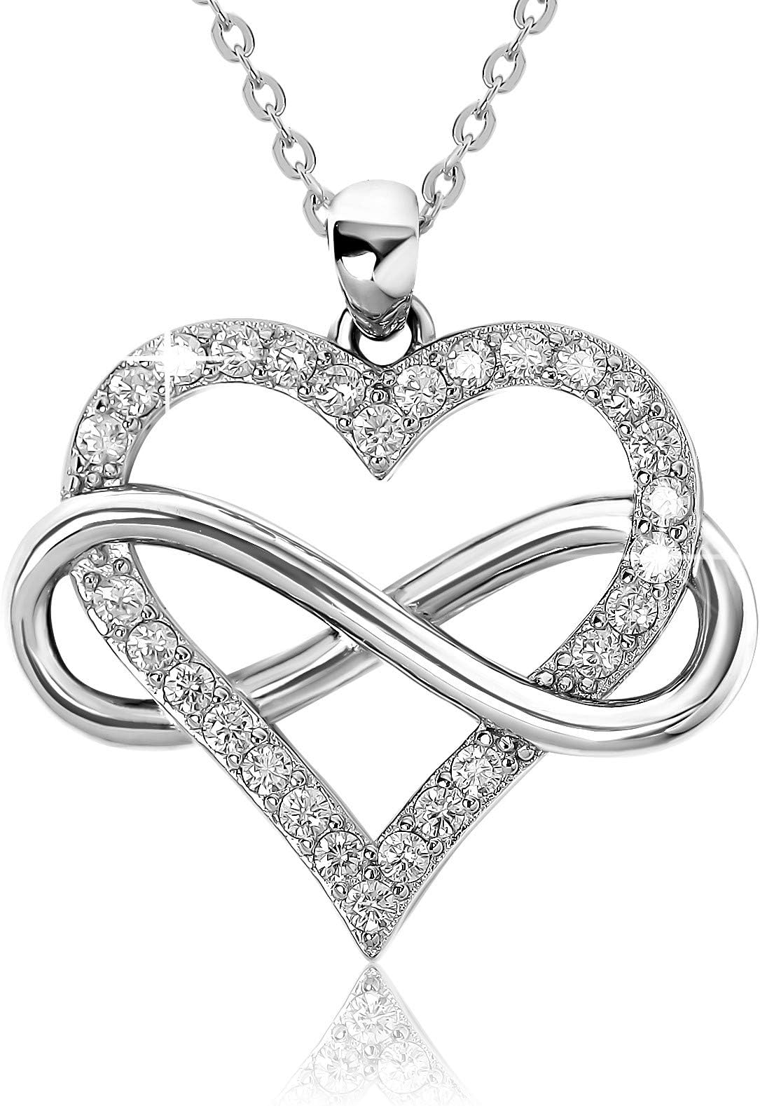 Infinity Heart Necklace for Women. 925 Sterling Silver Heart Necklace for Girlfriend, Love Heart Pendant on 18" Chain with 2" Extender (Rose Gold or Gold Plated)