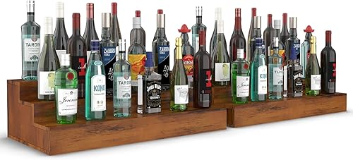Paquete de 2 soportes para botellas de licor, estante de exhibición de botellas de licor de 3 niveles, capacidad para 36 botellas, madera real,