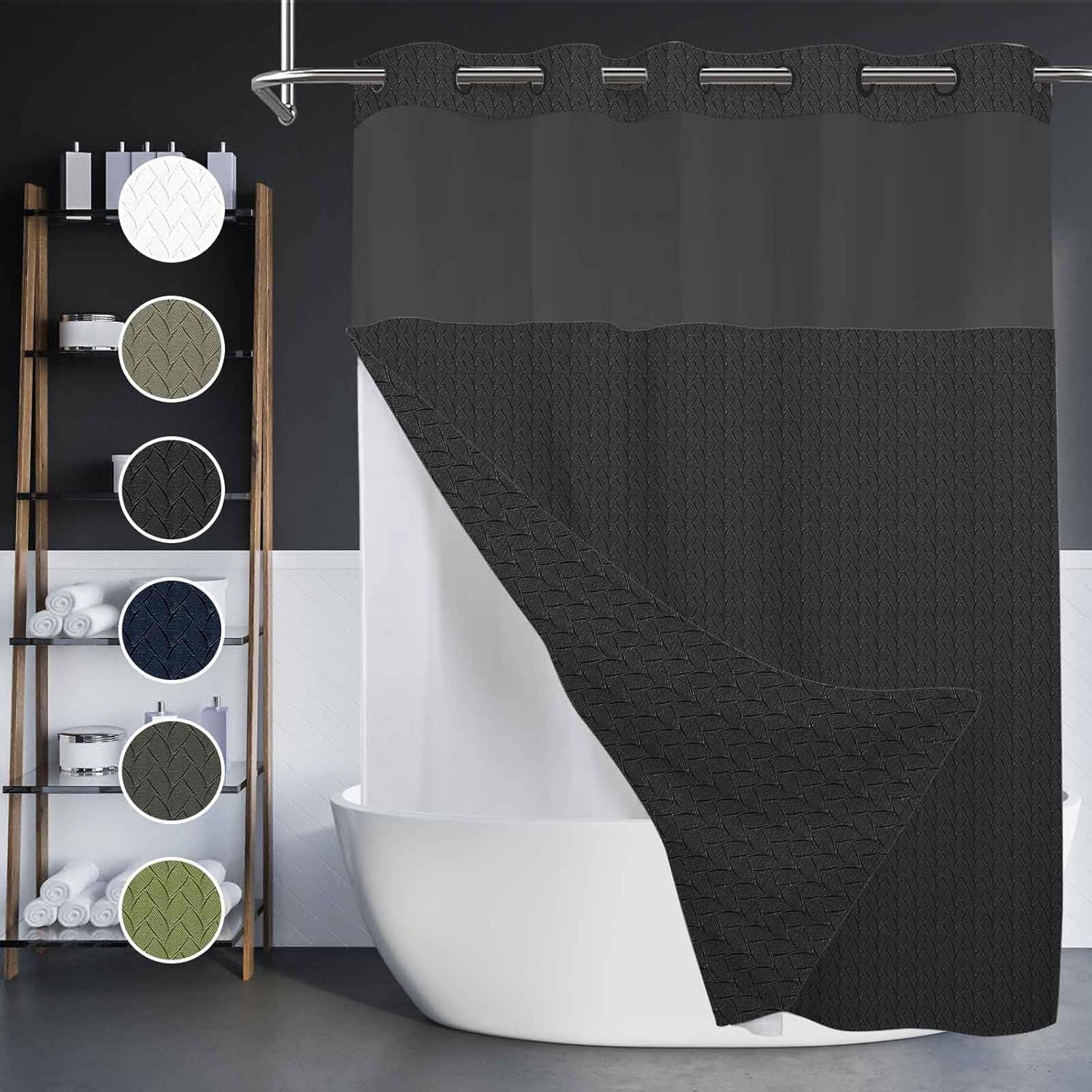 No Hook Shower Curtain with Snap in Liner Set Black Fabric Cloth Modern Shower Curtain for Hotel Bathroom Decor 71x74 Inch