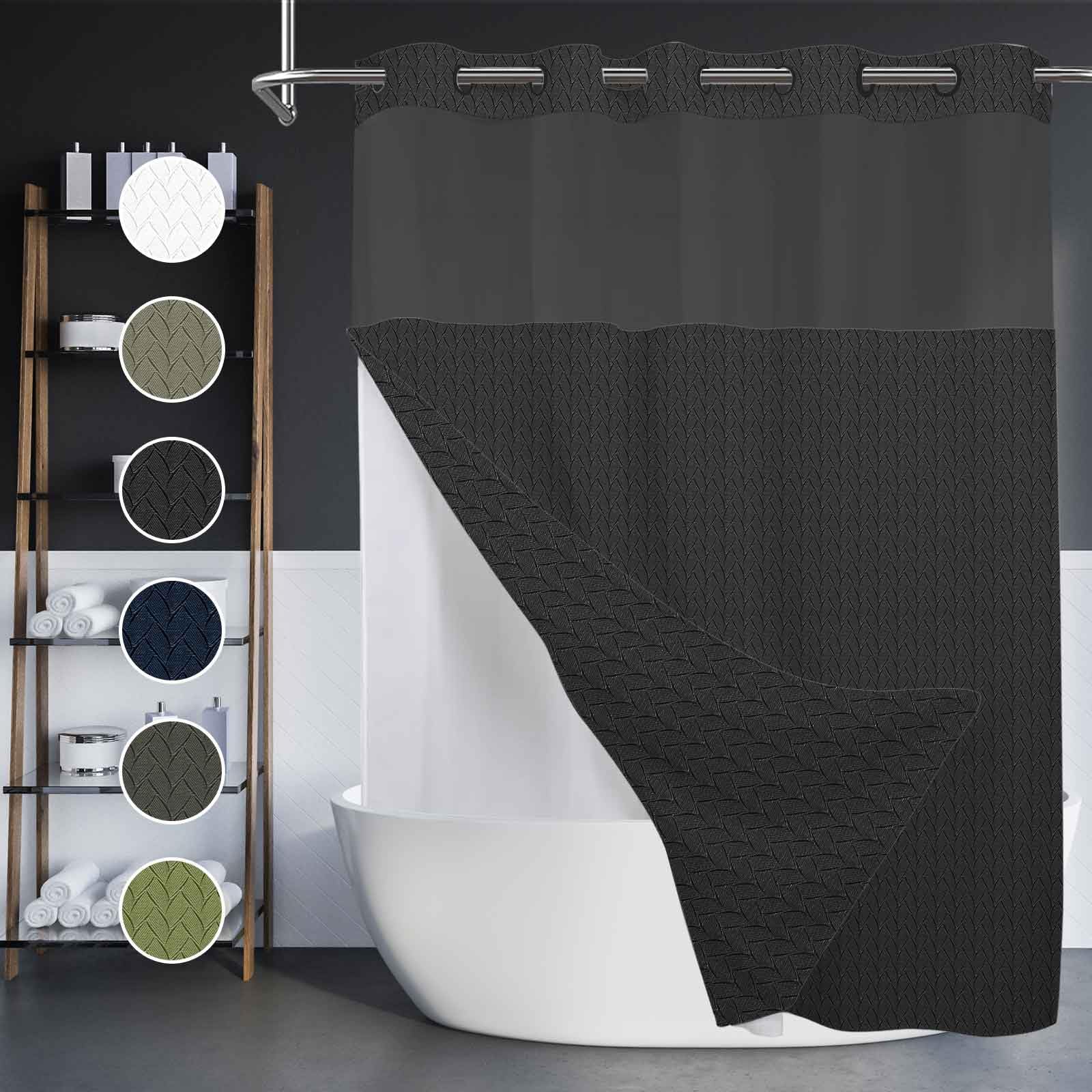 TERSUM No Hook Shower Curtain with Snap in Liner Set Black Fabric Cloth Modern Shower Curtain for Hotel Bathroom Decor 71x74 Inch