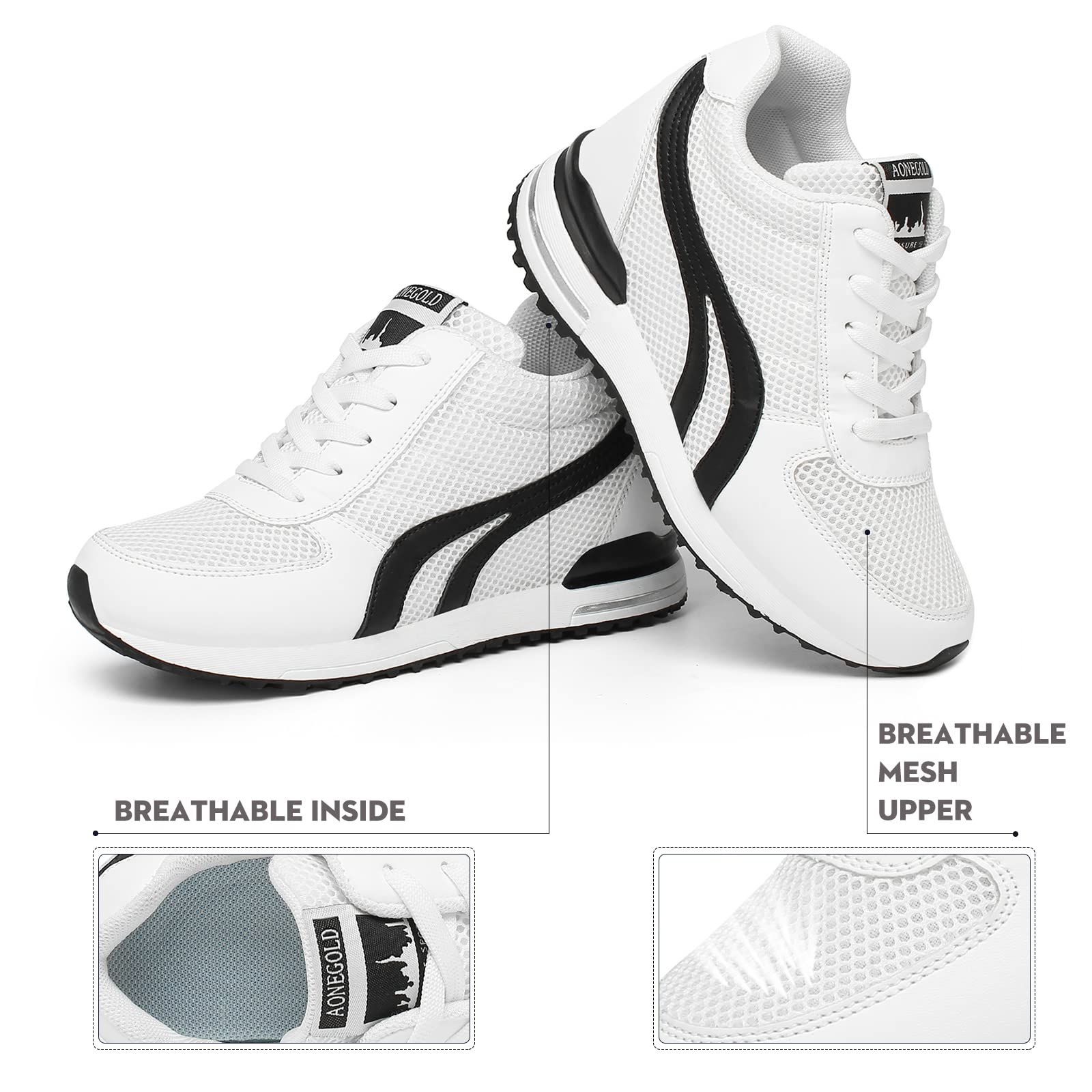 AONEGOLD® Sneakers Zeppa Interna Donna Scarpe da Ginnastica Basse Sportive Fitness Tacco Zeppa 7 CM Nero Bianco Grigio