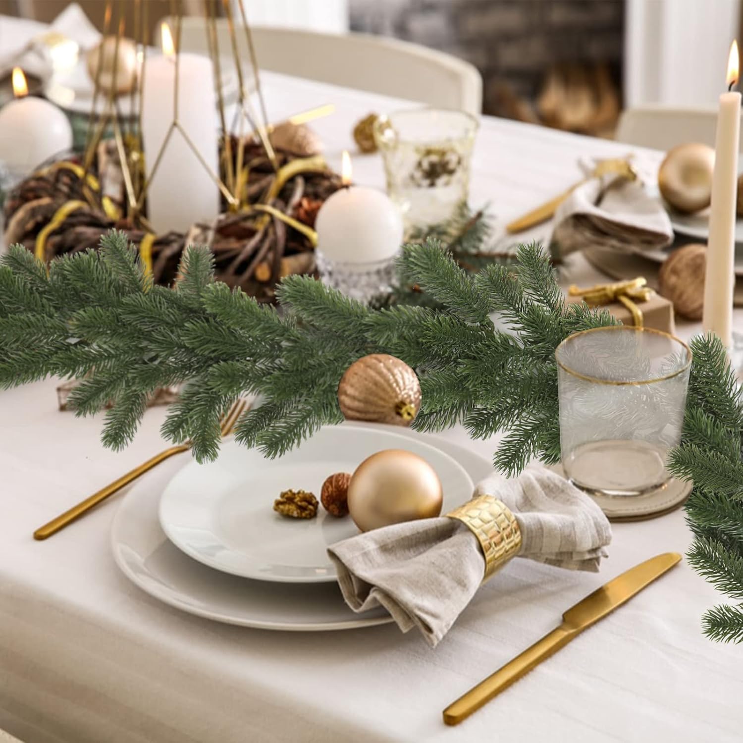 RECUTMS 6.4FT Artificial Christmas Norfolk Pine Garland Frosted Pine Cypress Winter Greenery Garland Realistic Wreath Decoration for Mantel Season Fireplace Indoor Home Xmas Table Centerpiece Decor