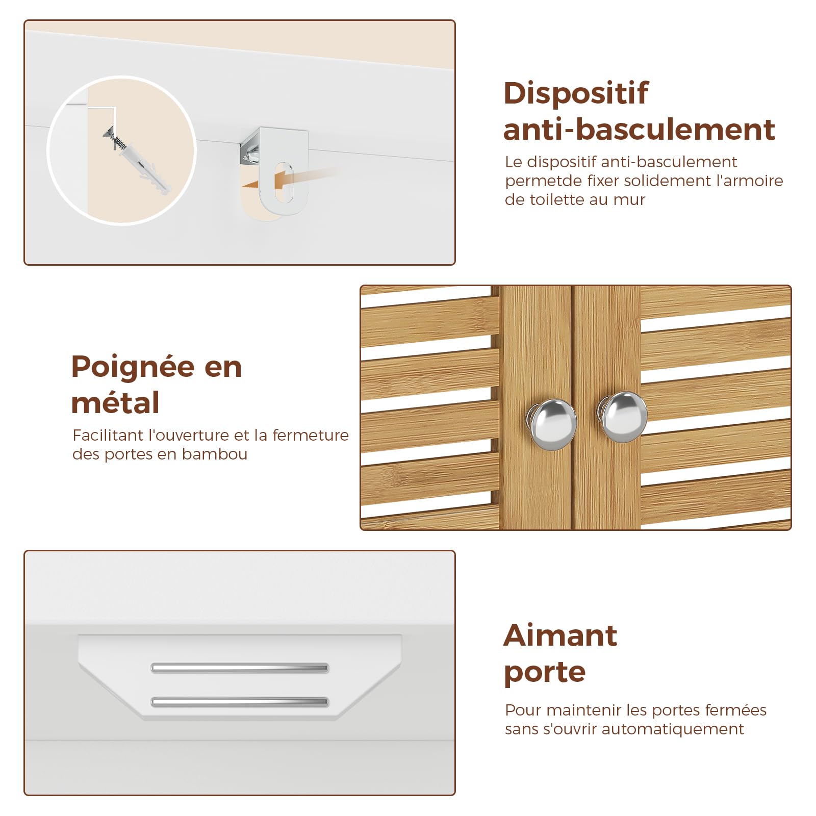 Badezimmerschrank hoch, Badezimmer Hochschrank mit 3 offenen Fächern und verstellbaren Ablagen, Badschrank mit 4 Bambustüren, Bad hochschrank für Wohnzimmer, Küche und Bad, 60 x 30 x 170 cm