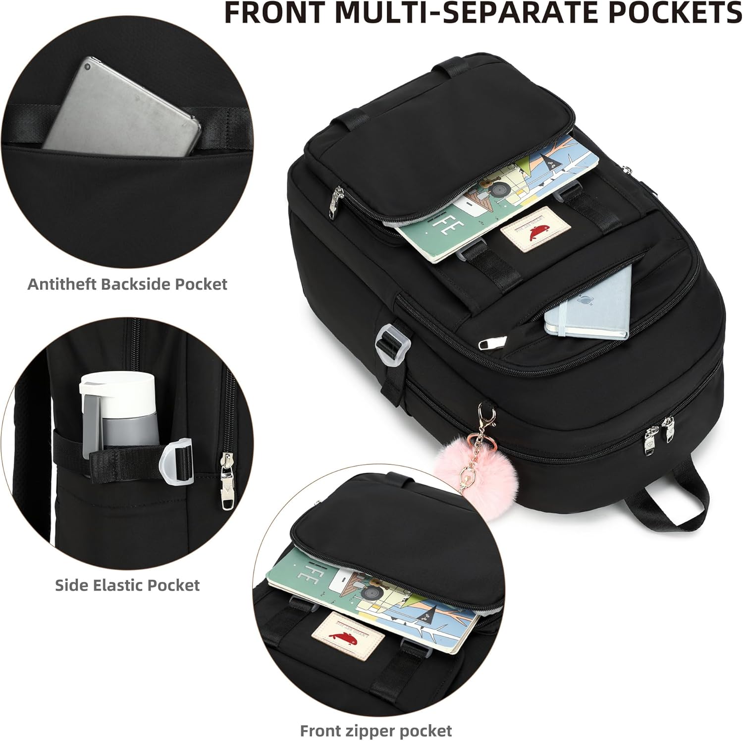 3 PCS Backpack for Teen Girls,Laptop Backpacks 15.6 Inch School Bag with Lunch Box Pencil Pouch Set for Students Aesthetic College Bookbag Travel Daypack(Black)